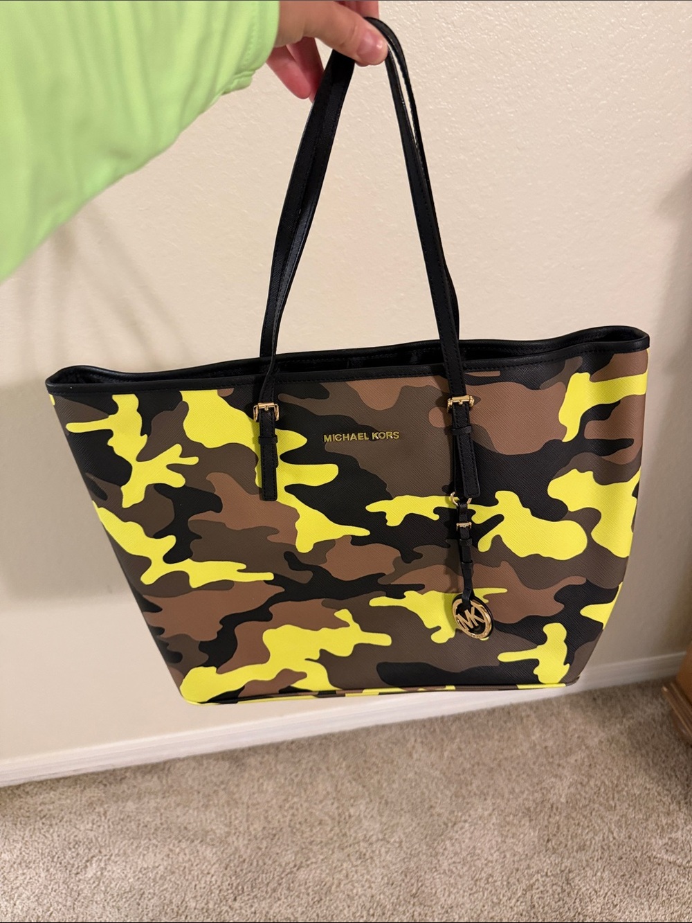 Michael Kors Neon Yellow and Brown Camo Tote